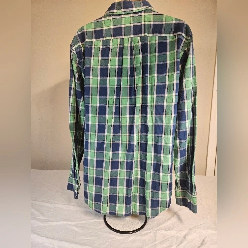 Banana Republic Tailored Fit Mens XL Plaid Button Down Shirt Green Navy Blue